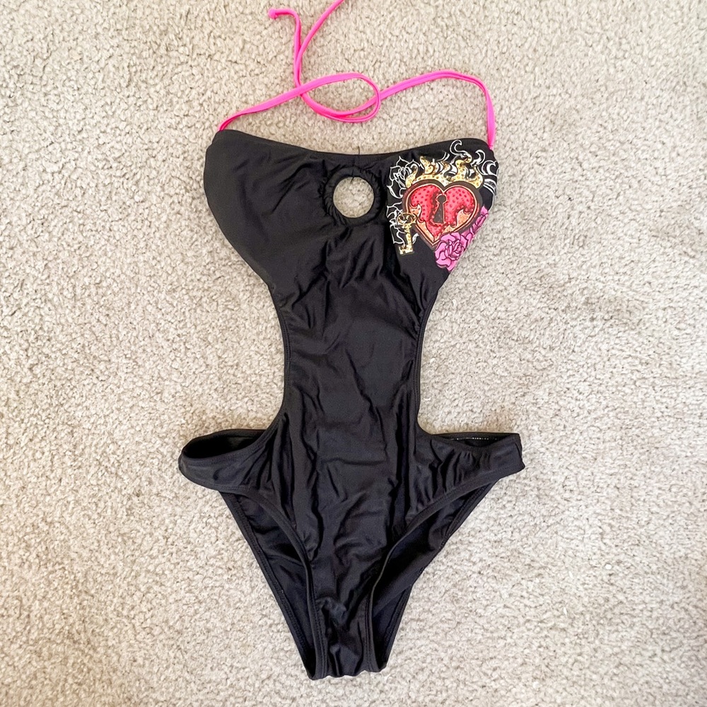 Split ❤️ 🔐 Size Large Black One Piece Swimsuit, Ed Hardy Style w/ Cutouts